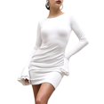 thumbnail image 2 of Robe Courte Décontractée à Manches Longues pour Femme, Col Ras du Cou, Moulante Extensible, Fête/Boîte de Nuit, Crème Blanc, P, 2 of 10