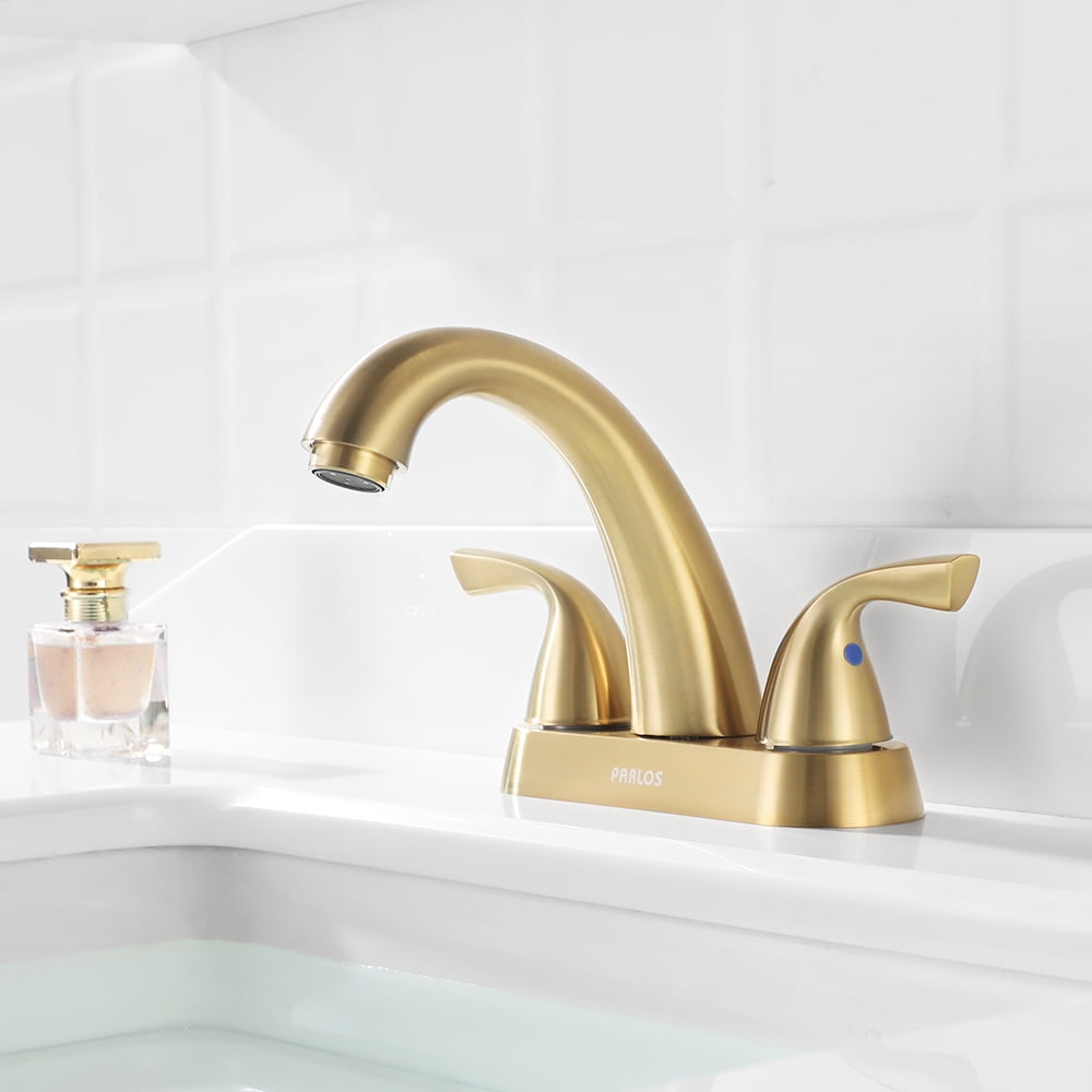 PARLOS Centerset Two-Handle Bathroom Sink Faucet with Metal Drain Assembly and Supply Hose,Brushed Gold