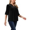 thumbnail image 4 of INSPIRE CHIC Women's Velvet Tops V Neck 3/4 Puff Sleeve Fall Winter Trendy Casual Tunic Blouse Loose T-Shirt S Black, 4 of 6