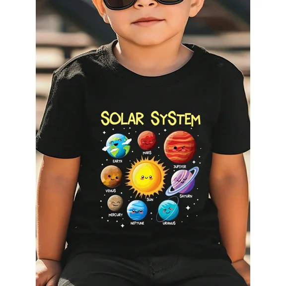 children’s wear Cute Solar System Planets Graphic T-Shirt for Kids Boys Girls Educational Science Astronomy Toddler Black Tee