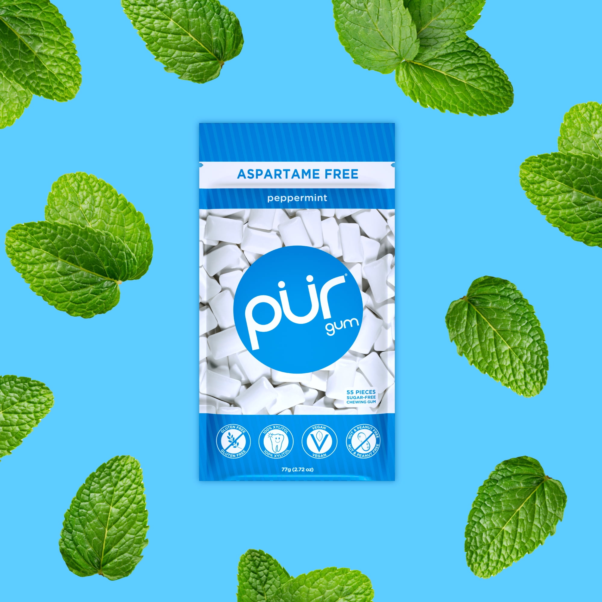 PUR Gum, Peppermint, Aspartame Free, Sugar Free & 100% Xylitol, Chewing Gum, 55 Pieces, Pack of 12