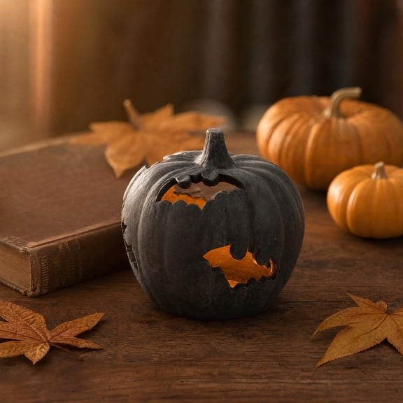 Halloween Bat Cutout Pumpkin Candle Holder, Dark Resin Hollow Pumpkin Lantern Decor, Rustic Pumpkin Tealight Holder for Indoor Mantel Tabletop Holiday Decoration