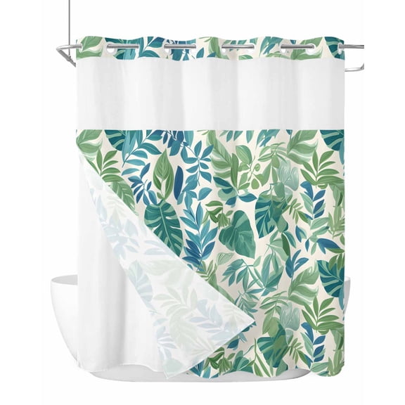 No Hook Shower Curtain with Snap-in Liner, Palm Leaves Waterproof Fabric Bathroom Curtains, Green Blue Tropical Plants Summer Country Bath Curtains & Mesh Top Window Stand Up Stall 72"x78" Long