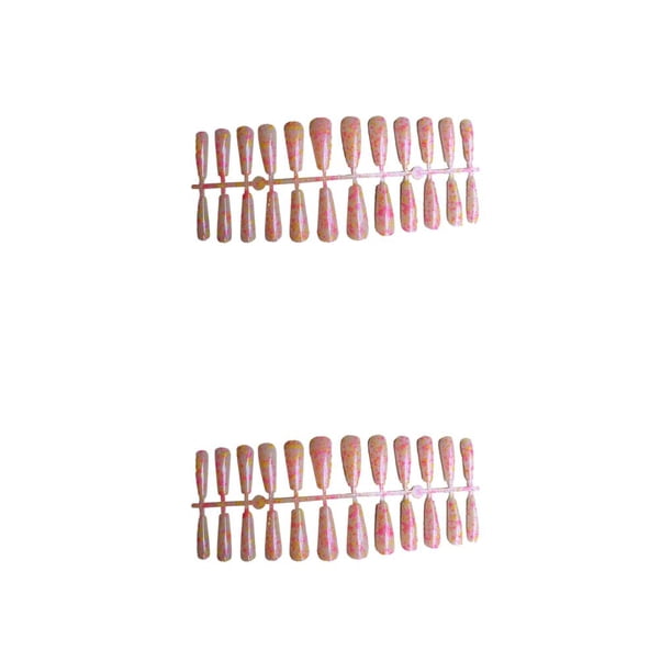 Uñas artificiales Soidarity 24 piezas en forma de T estampado rosa amarillo 2piezas