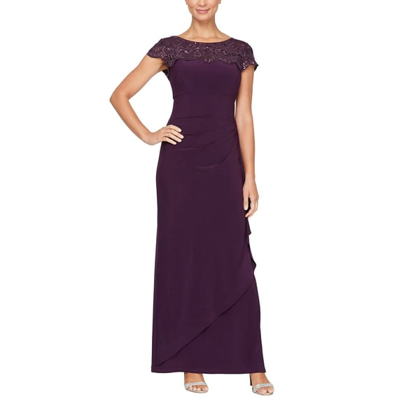Alex Evenings Women's Long Column Dress with Sweetheart Neck (Petite and Regular), Eggplant Embroidered, 12
