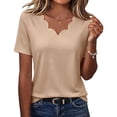 thumbnail image 2 of Levmjia Women Summer Casual Short Sleeve T-Shirt Scallop Neck V-Neck Solid Color Aesthetic Daily Wear Loose Fit Stretch Top, 2 of 7