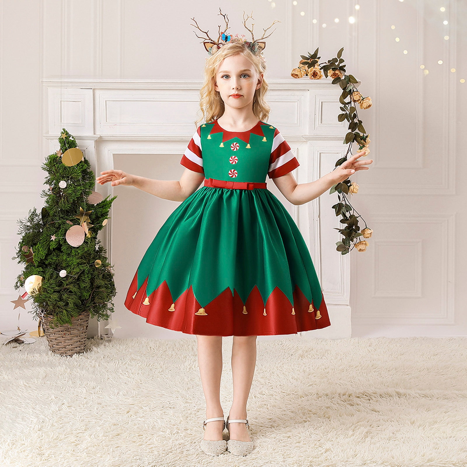 EINCcm Toddler Girls Cute Christmas Stripe Print Satin Cloth Birthday Party Gown Long Dresses Green 7 8 Years Walmart
