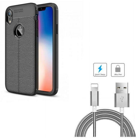 Metal USB Cable w Case for iPhone XR - 6ft Charger Cord Power Wire Long, PU Leather Slim Fit Cover Reinforced Bumper Shock Absorbent Compatible With iPhone XR