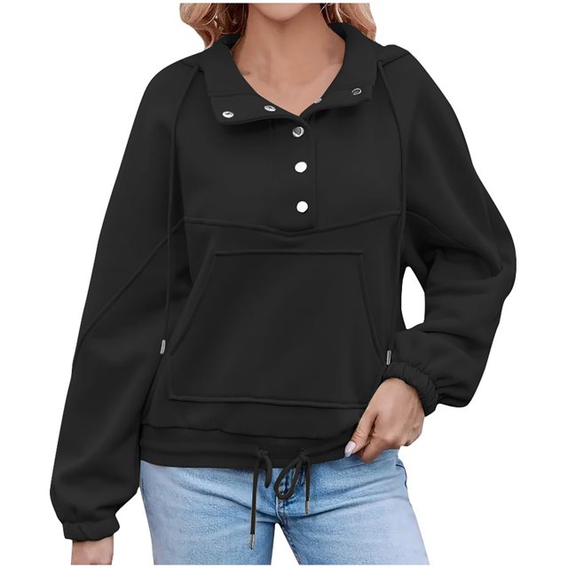 GigrtiJin Women's Button up Pullover Sweatshirt Winter Long Sleeved Hooded Solid Color Sweatshirt with Pockets