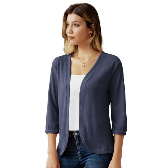 Grace Karin Women's Basic 3/4 Sleeve V Neck Open Front Waffle Knit Cropped Cardigan Sweater