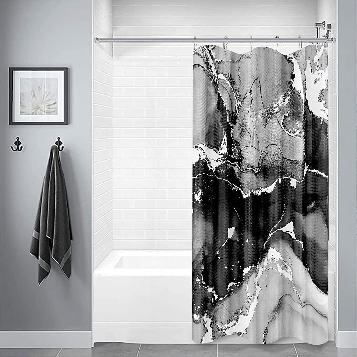 Small Stall Shower Curtain for Bathroom,Marble Shower Curtain Black Modern Abstract Shower Curtain for Bathroom,Waffle Textured Fabric Shower Curtains Hotel Washable Water Repellent, 36W x 72L