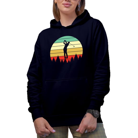 Vintage Swinging Golf Player, Golfing or Golfer Themed Merch Gift, Navy Blue Hooded Sweatshirt or Hoodie, Small