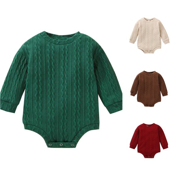 Ticikt Unisex Baby Cable Knit Romper, Crew Neck Long‑Sleeve Sweater Bodysuit, Solid Color Snap‑Crotch Knit Play Jumpsuit for Infant Boys & Girls,Green