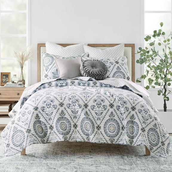 Levtex Home - Maeve Neutral Quilt Set - Full/Queen Quilt and Two Standard Shams - Suzani Floral - Blue Grey, Taupe, Charcoal and Cream - Quilt (88x92in.) and Shams (20x26in.) - Reversible - Cotton