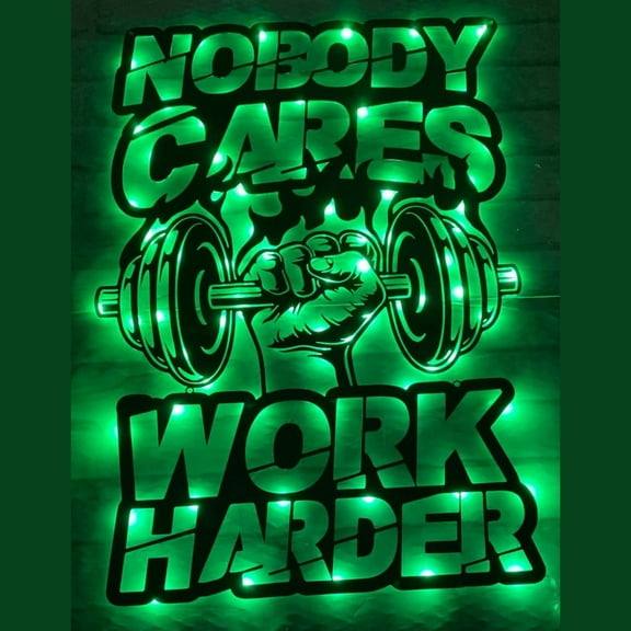 Craftnamesign Custom Nobody Cares Work Harder Metal Wall Art LED Lights, Custom Gym Sign Wall Decor