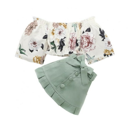 

SYNPOS Toddler Little Girls Off The Shoulder Crop Top and Floral Skirt Set Summer Clothes 1-6 Years