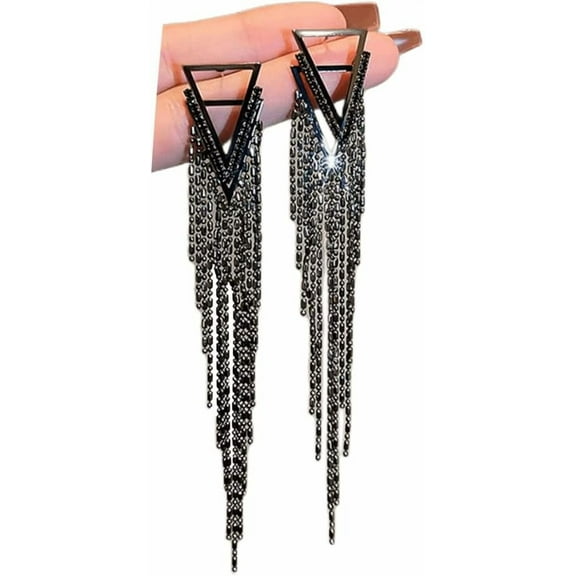 Black Rhinestone Long Tassel Earrings for women.Crystal Chandelier Fringe Drop Earrings Zircon Strand Earrings Fashion Jewelry Gifts for Female