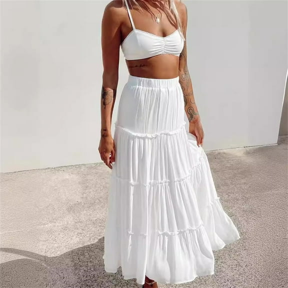 Cukeondy White Skirts for Women Long Maxi Skirts Elastic High Waist Tiered Flowy Long Skirt Pleated Swing A Line Maxi Summer Beach Skirt Maxi Skirt