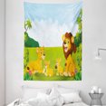 thumbnail image 1 of Nursery Tapestry, Cartoon Style Lion Family in the Forest Africa Savannah Safari Habitat, Wall Hanging for Bedroom Living Room Dorm Decor, 60W X 80L Inches, Green Pale Blue Yellow, by Ambesonne, 1 of 2