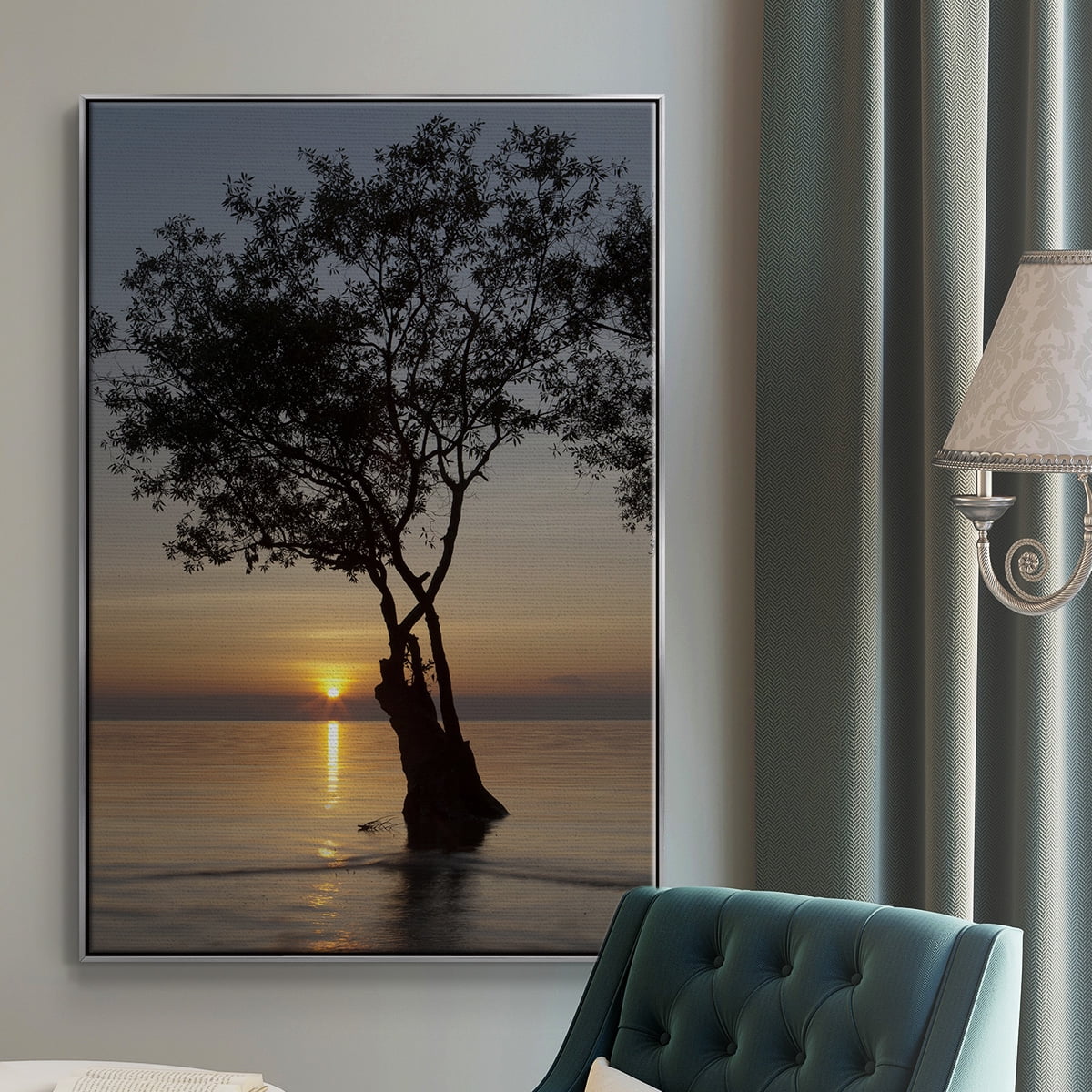 Sunset Silhouette Framed Premium Gallery Wrapped Canvas - Ready to Hang - 27 x 41 - Silver Floating Frame