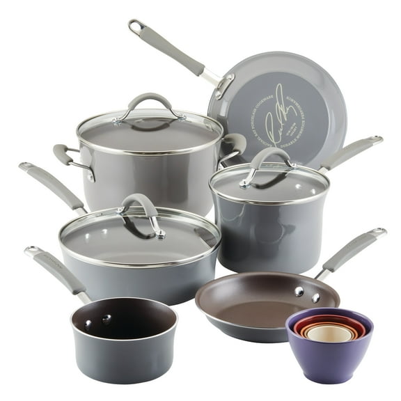 Rachael Ray Cucina Porcelain Enamel Nonstick Cookware and Measuring Cup Set, 14-Piece, Sea Salt Gray