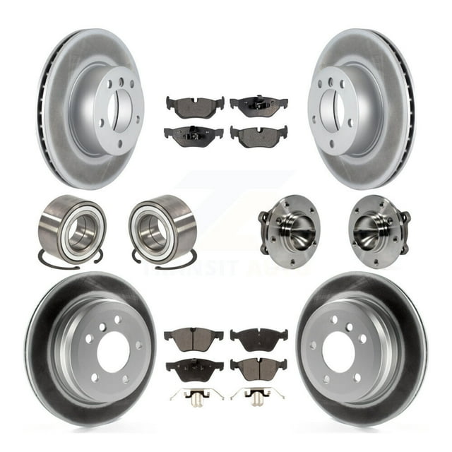 Transit Auto Front Rear Wheel Hub Bearings Assembly Coated Disc Brake Rotors and Semi-Metallic Pads Shoes Kit (10Pc) for Car 2007 BMW 328i Wagon - Left Right Side (Driver Passenger) KBB-111775