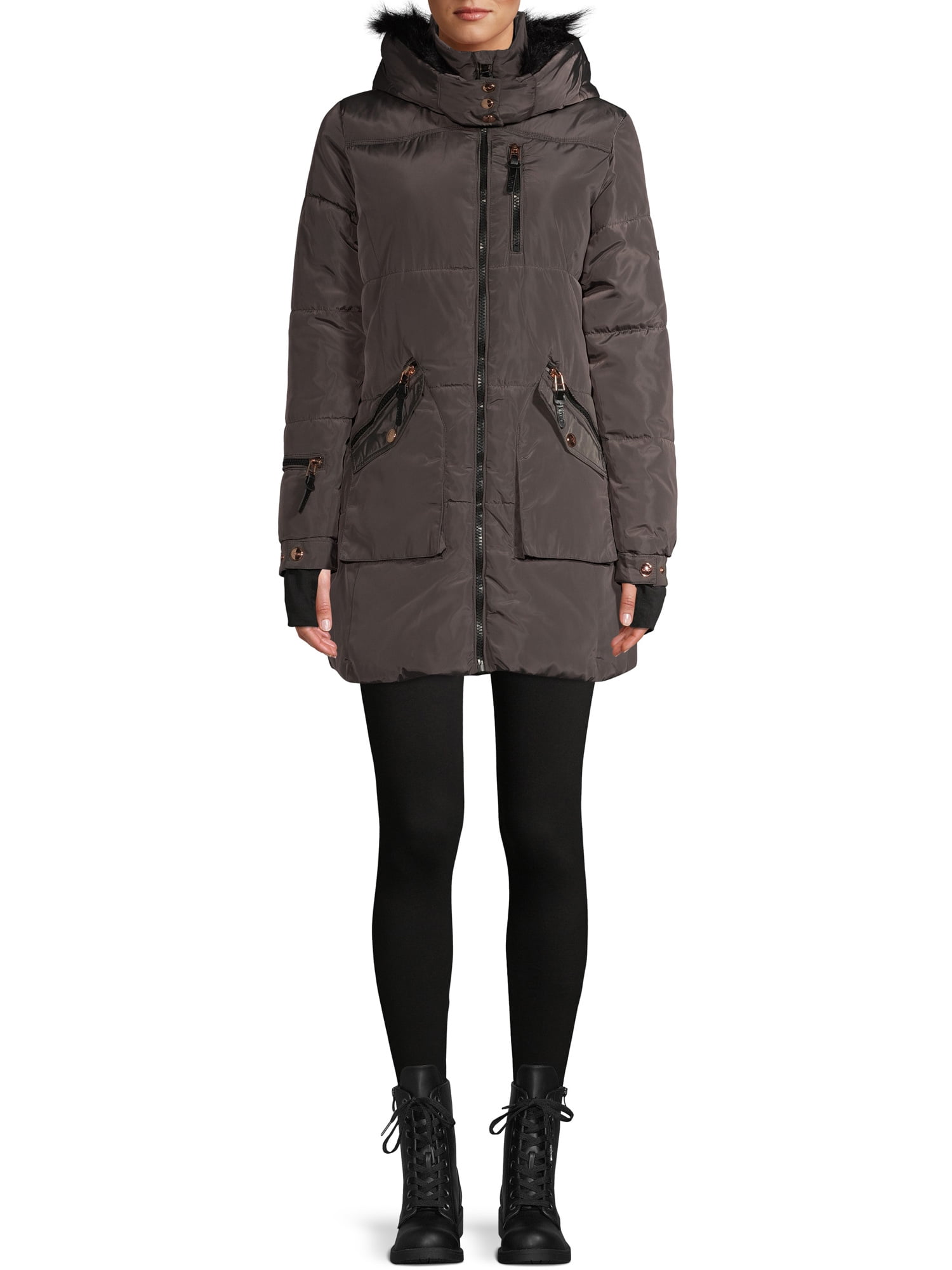 XOXO Women's Heavyweight Jacket with Faux Fur Hood