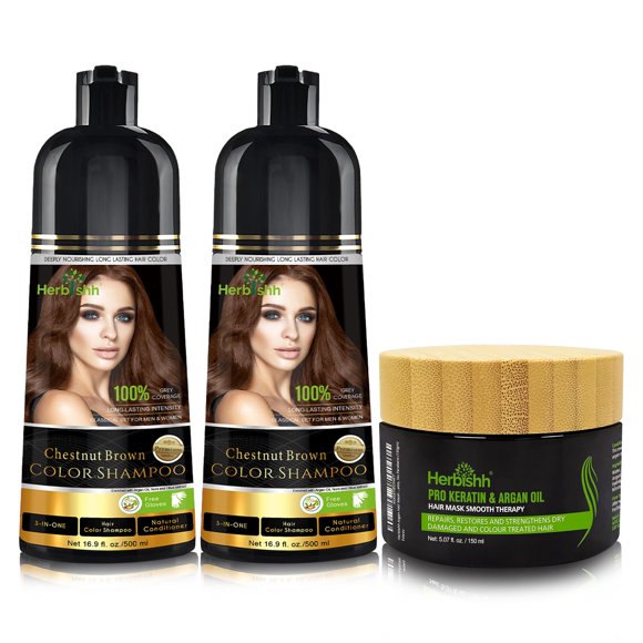 Herbishh Champú tinte capilar + 1pc Mascarilla capilar de argán - Tinte para el Cabello Combo Pack-2pcs (Café Castaño)
