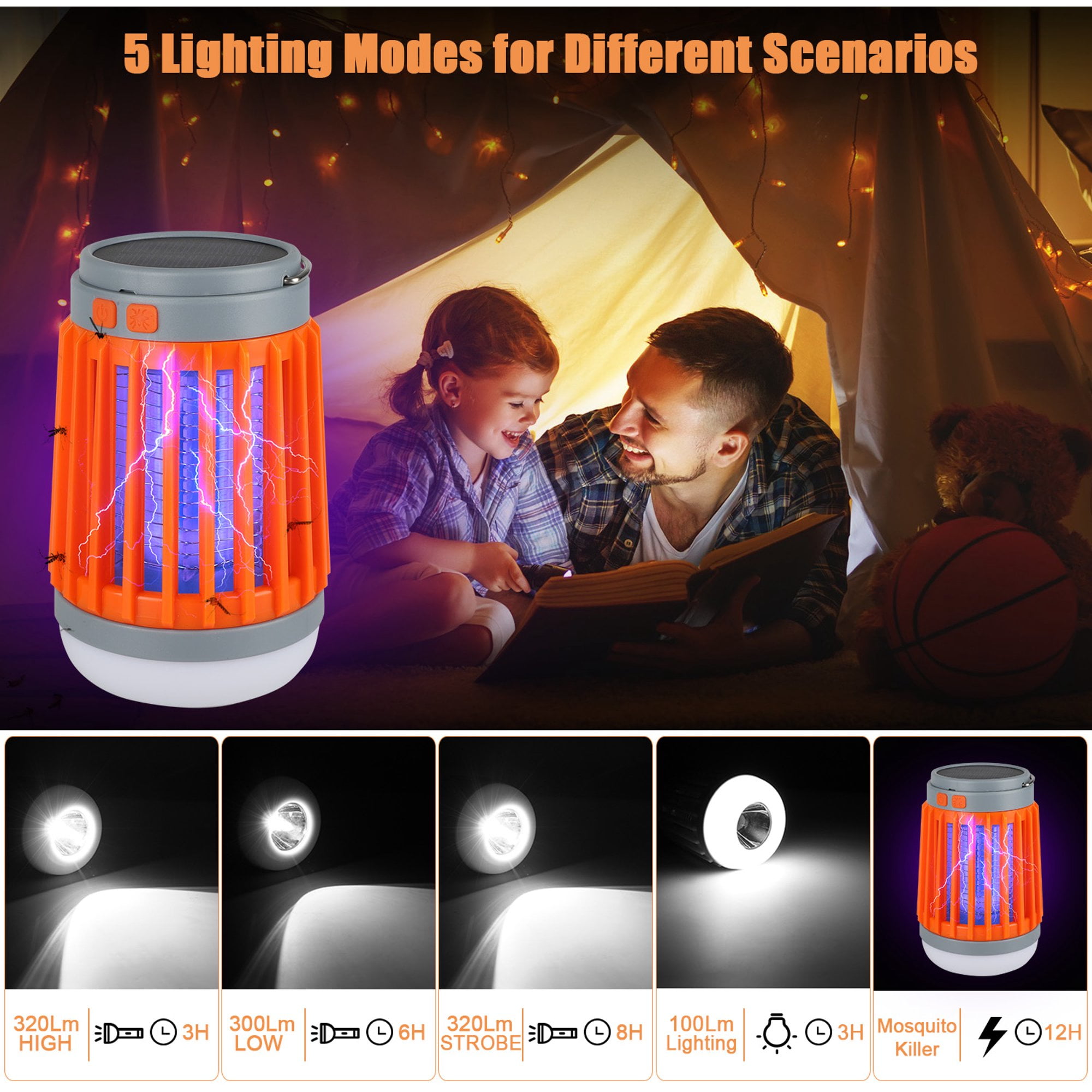 CNKOO 3-in-1 Bug Zapper Mosquito Killer Lamp, Solar Operated and Battery Powered Electric Mosquito Zapper with Rechargeable Waterproof Insect Fly Pest Attractant Trap Repellent Orange