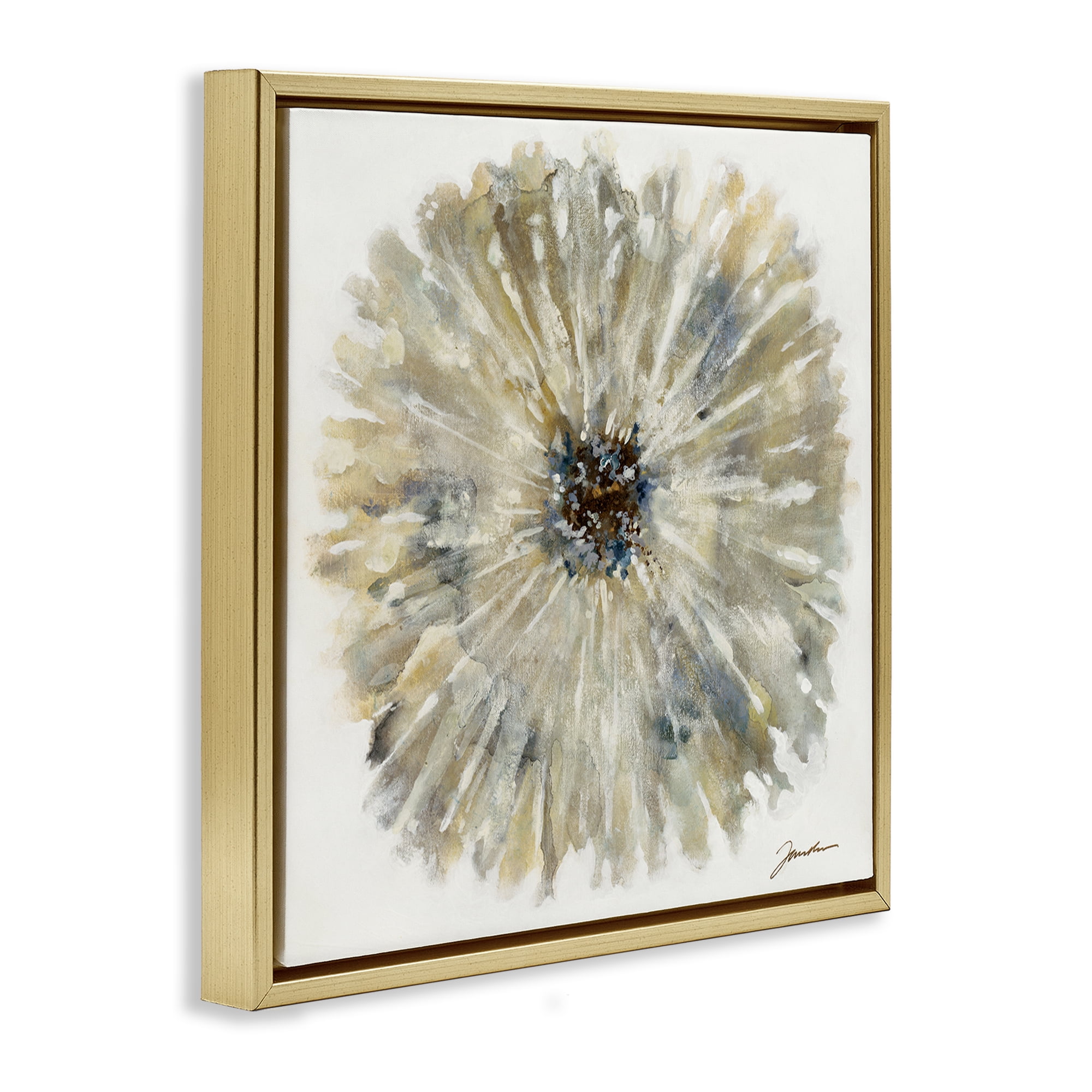 Stupell Industries Neutral Rustic Abstract Flower Floral Painting Gold Floater Framed Canvas Art Print Wall Art, 18 x 18