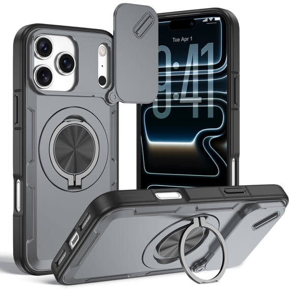 for iPhone 18 Pro Max Case with Magnetic Wireless Charging, 360° Rotating Ring Stand Ultra Slim Hybrid Shockproof Protective Men Women Phone Case Sliding Camera Lens Cover, Gray