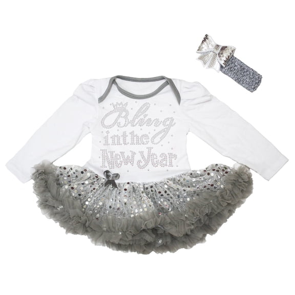 Petitebelle Rhinestones Bling in The New Year L/s Baby Dress Nb-18m (White/Silver Sequins, 12-18 Months)