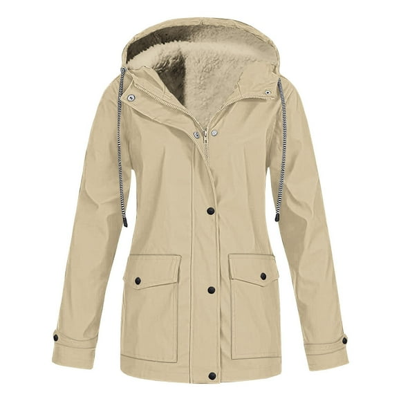 Fartey Fleece Lined Rain Jacket for Women Plus Size Packable Lightweight Long Sleeve Raincoats Waterproof with Hood Winter Coat Jackets