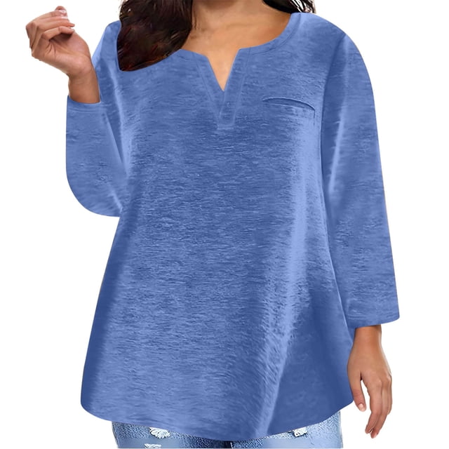 Yuyuzo Plus Size Tops for Women Long Sleeve Notch V Neck Solid Color Shirts Comfy Plain Basic Tees