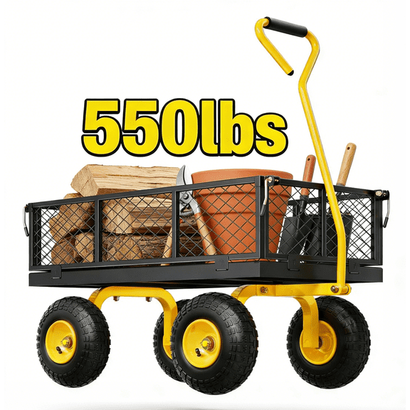 550 Lbs Steel Garden Cart, Heavy Duty Garden Wagon Cart ,Outdoor Metal Yard Utility Wagon Carts with 10" All Terrain Tires, Mesh Removable Sides and 180°Rotating Handle Foldable design-Yellow