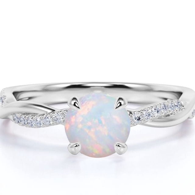 JeenMata Anillo de Compromiso de 1 Uds con Moissanita y Ópalo de Fuego de Talla Redonda en Oro Blanco de 18 K sobre Plata