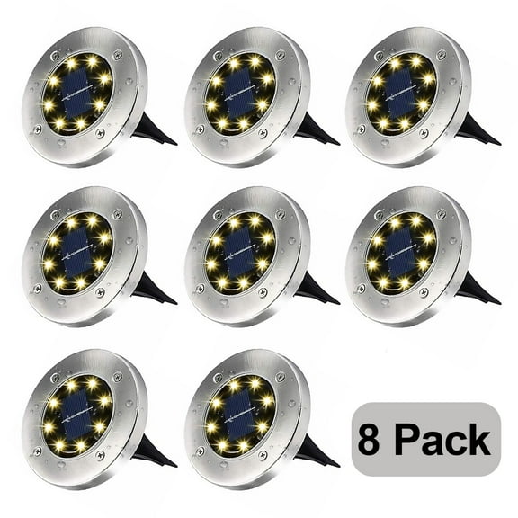 Rirool Solar Ground Lights, 8 LED Outdoor Waterproof Garden Pathway Lighting - Warm White 8 Pack