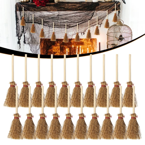 olkpmnmk 20Pcs Miniature Artificial Witches Broom Hanging Ornaments, Halloween Cinnamon Broom Tiny Besom Pendant, Halloween Straw Craft Decoration Witches Accessory for Costume Cosplay Party