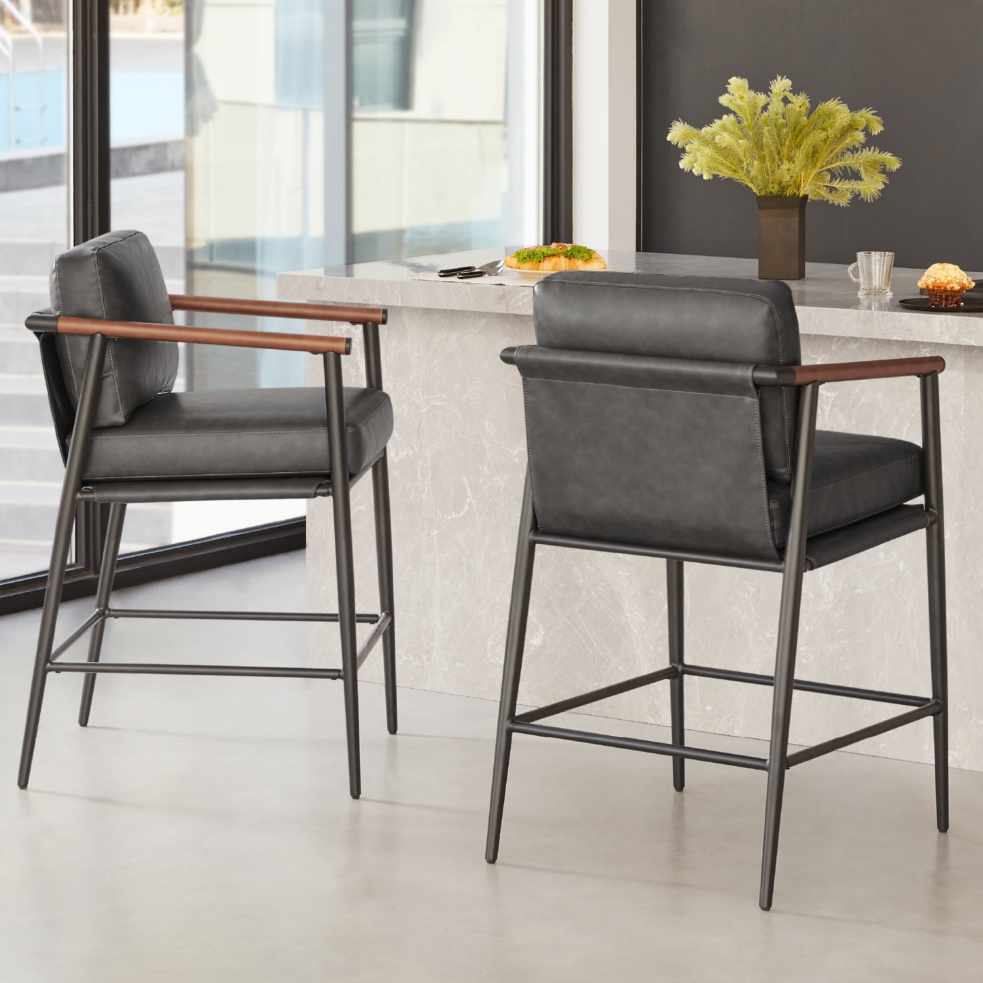CHITA Modern Counter Stools Set of 2, Upholstered Bar Stools with Metal Frame and Wooden Armrests, Faux Leather in Retro Gray
