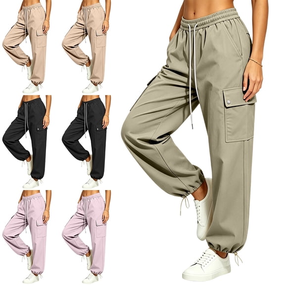 Lumosvexa Women's Cargo Joggers, Multiple Pockets Loose Fit Adjustable Drawstring Fall Hiking Sports Pants Green L