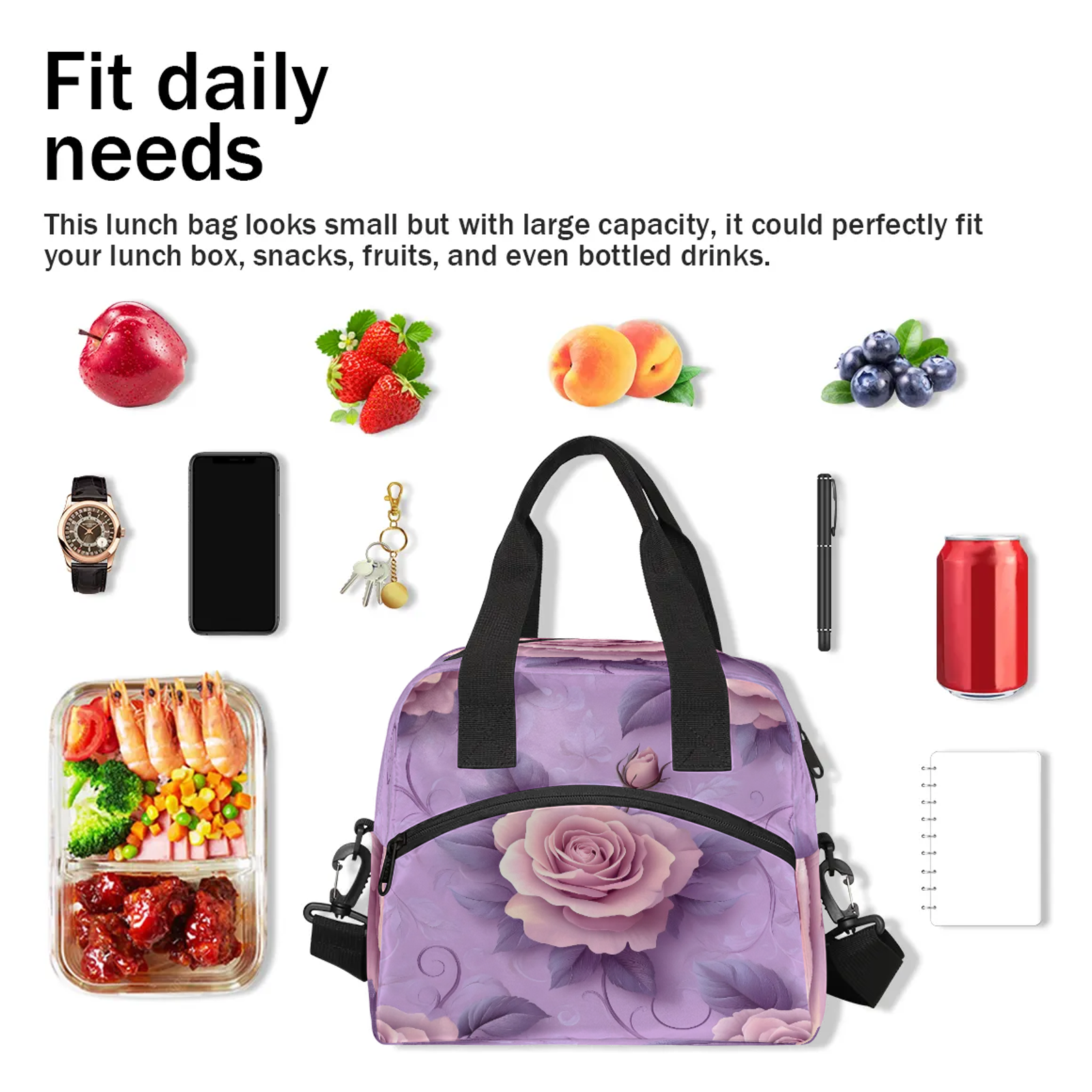 Herdesigns Rose Lunch Bag for Women Men Adult, Floral Large Insulated Reusable Lunch Box Leakproof Portable Cooler Tote Bags for Work Picnic Beach