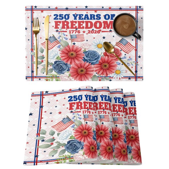Independence Day Placemats Set of 1, Red Blue Floral Flag Blue Red Framed Non-Slip Place Mats Washable Table Mats for Kitchen Dining Table Decorations Indoor/Outdoor