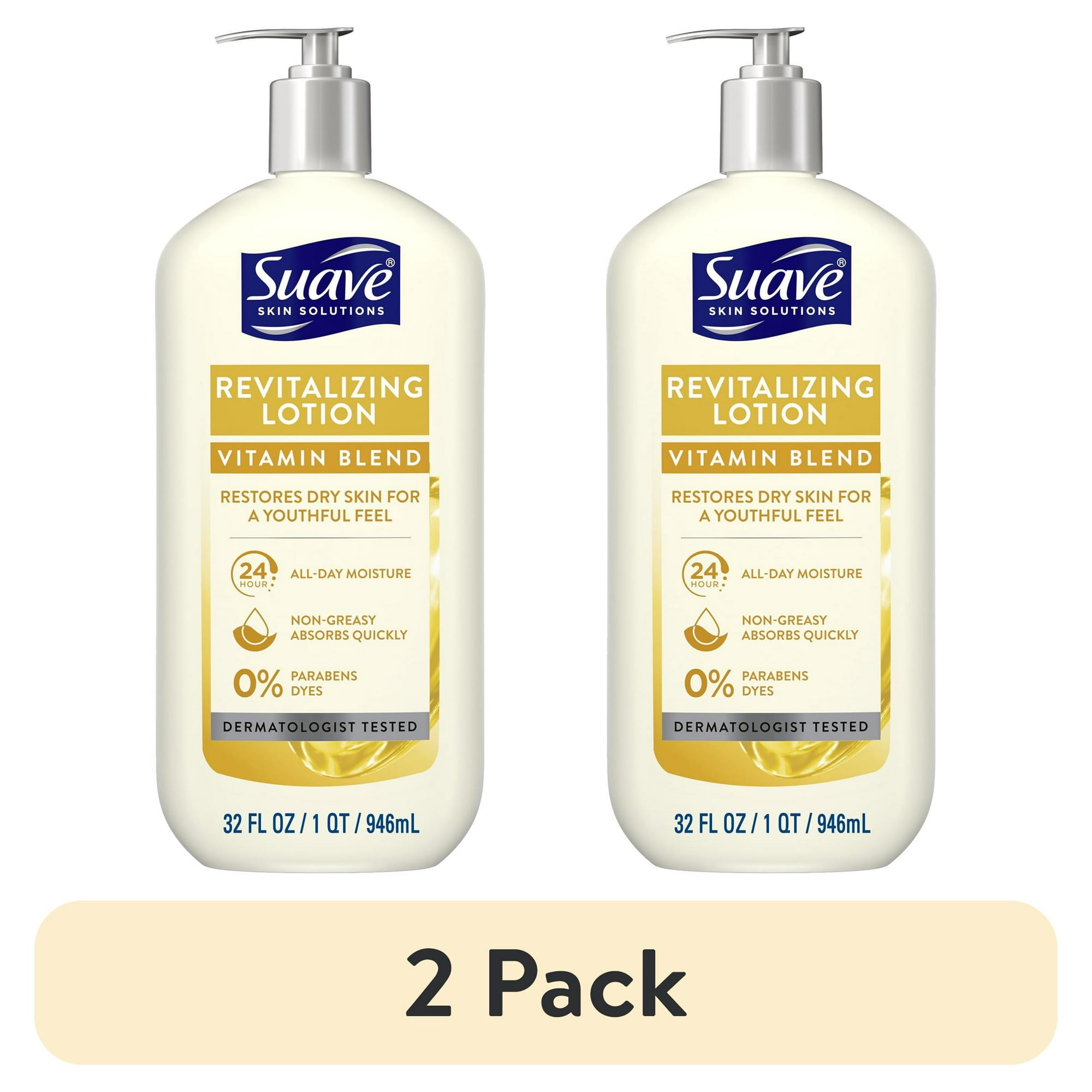 (2 pack) Suave Skin Solutions Revitalizing Body Lotion with Vitamin E, Dry Skin Relief for All Skin Types, 32 oz