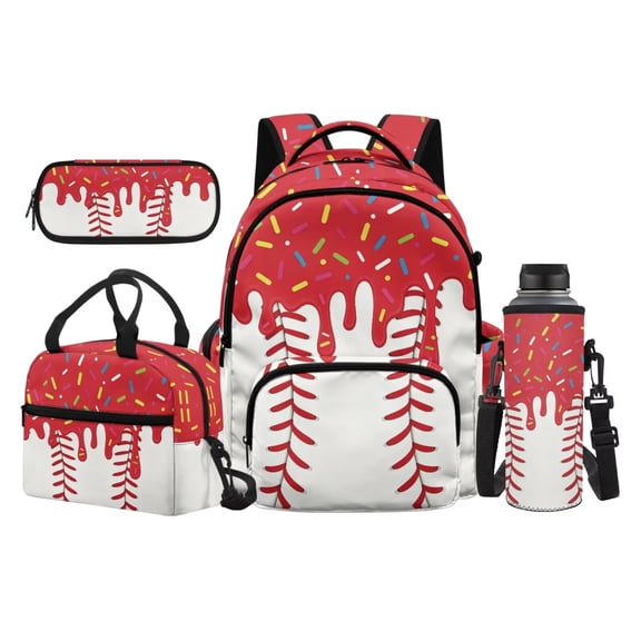 Yuyamidu Red Baseball Kids Backpack 4Pcs Set for Boys Girls 6-12 Years, Elementary School Rucksack with Lunch Bag Pencil Case Water Bottle Bag Back to School Supplies
