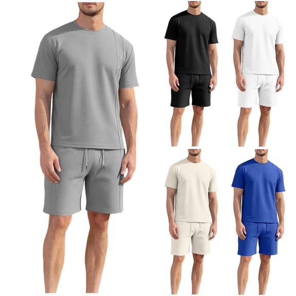 FRSASU Men's 2 Pieces Outfits Casual Cotton T-Shirt and Shorts Set Summer Short Sleeve Waffle Tracksuits White