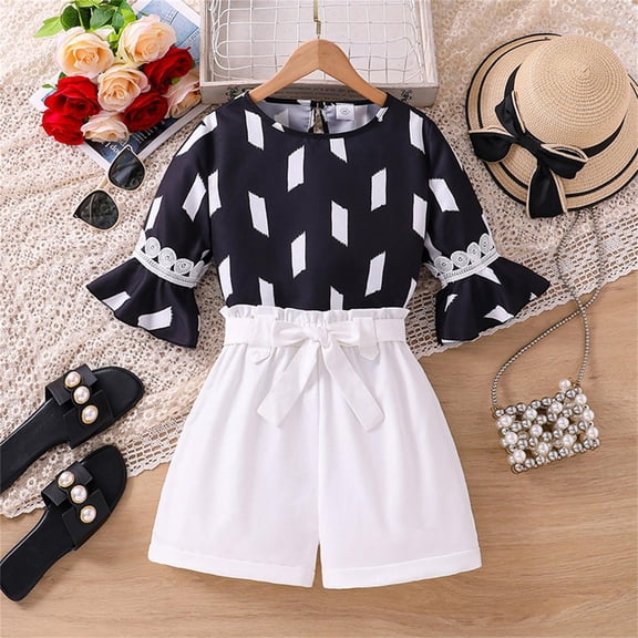 Toddler Outfits for Girls Size 7-8 2024 Summer Wear New 8 12 Years Old Lace Short Sleeve Top Shorts Set Girls Clothing Set Black
