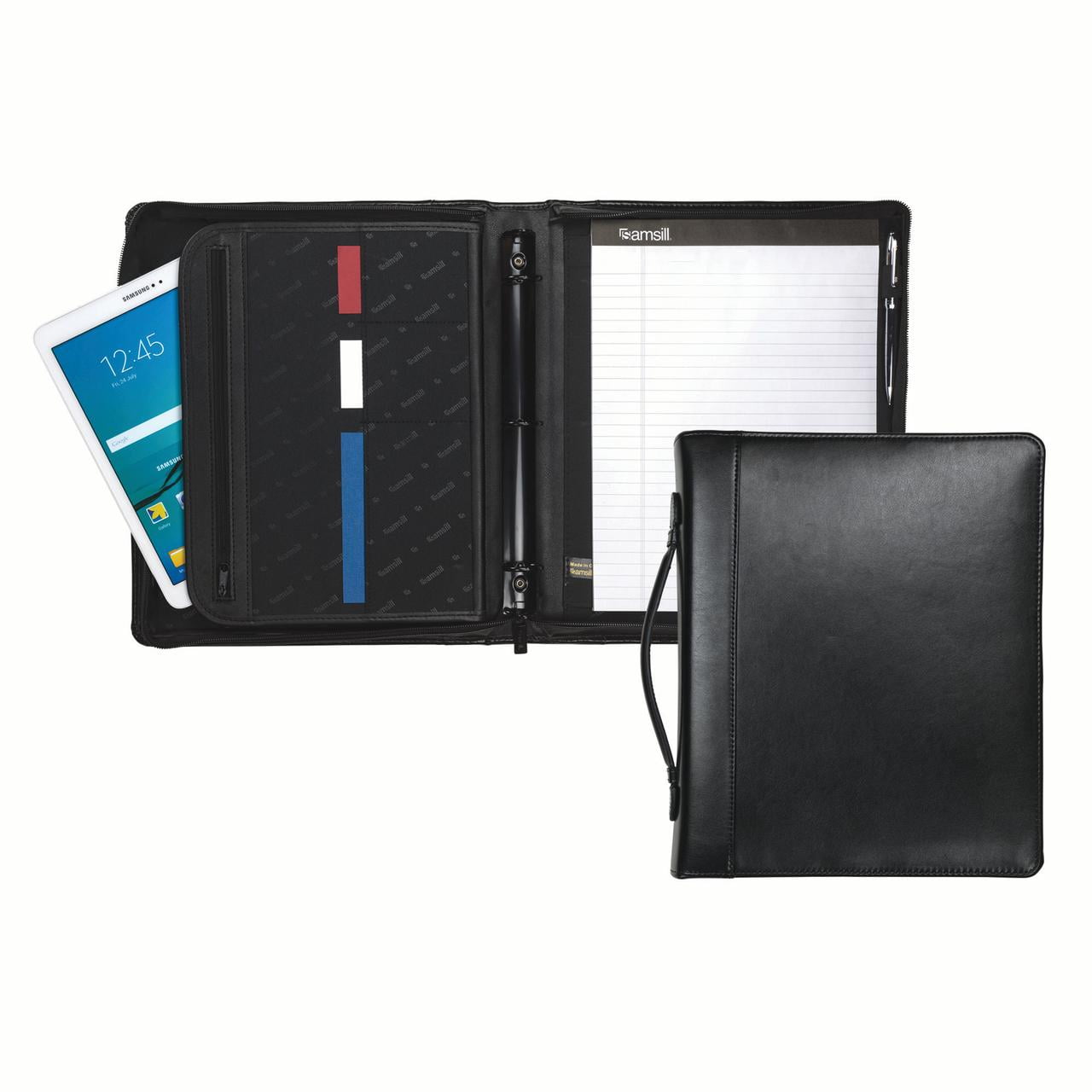 Samsill Regal Leather 1.5" Round Ring Zipper Binder Portfolio, Black
