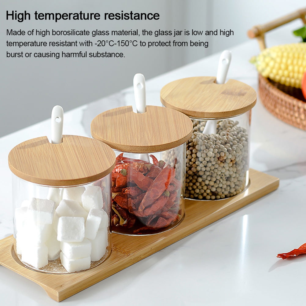 3PCS/Set of Seasoning Jar Transparent Glass Spice Racks Small Bamboo Seasoning Jar Box Set Household Condiment Containers for Kitchen Utensils 