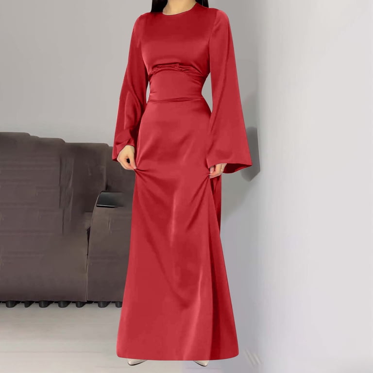SCSAlgin Women's Satin Long Sleeved Maxi Dress Sexy Slim Crew Neck Bodycon Pleated  Dress Formal Cocktail Party Dresses - Walmart.com