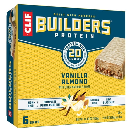 Clif Builders Protein Bars, Vanilla Almond Flavor, 20g Protein, 2.4 ounce bars, 6 count (Now Gluten
